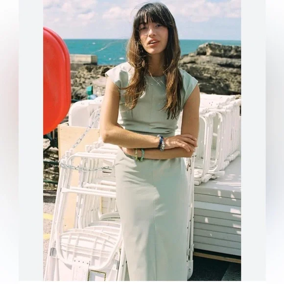 Zara Draped Waist Cotton Midi Dress in Mint Green - Picture 2 of 14